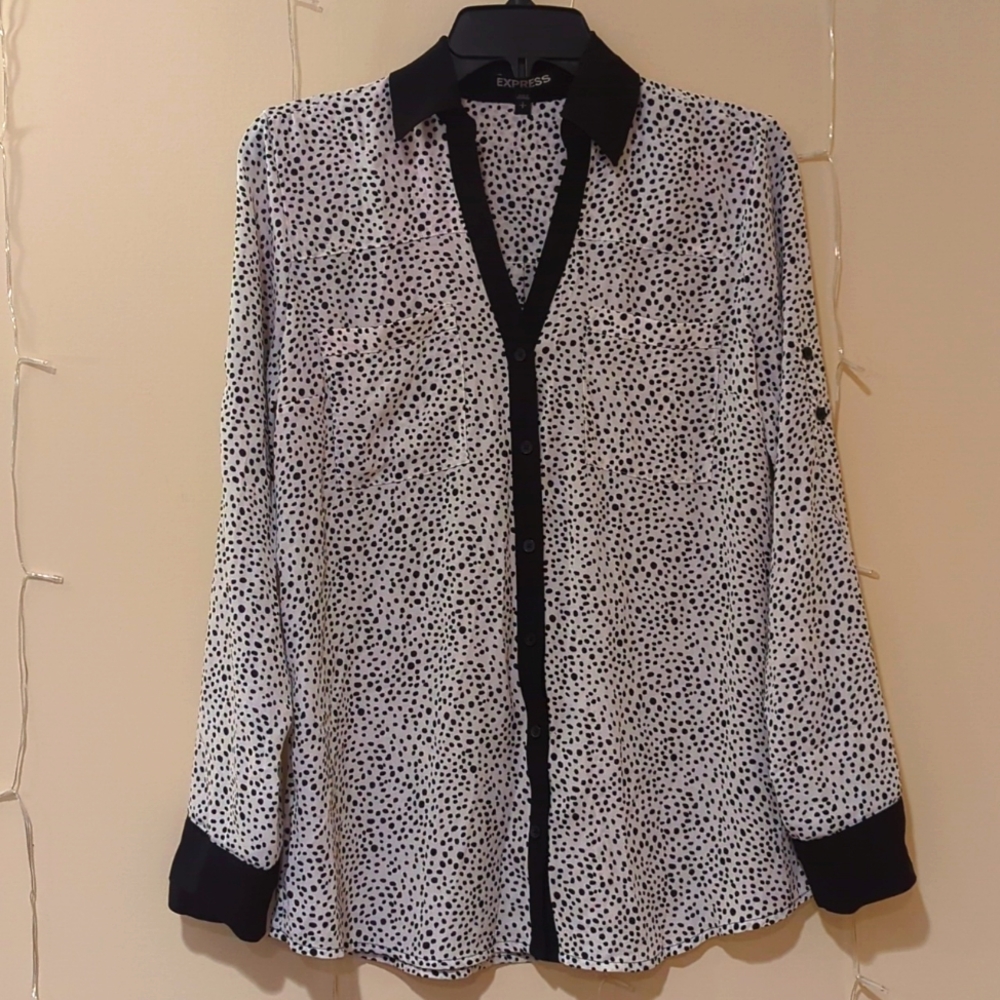 Express The Portofino Shirt Dot Print Contrast Black Collar Button Down Top, S